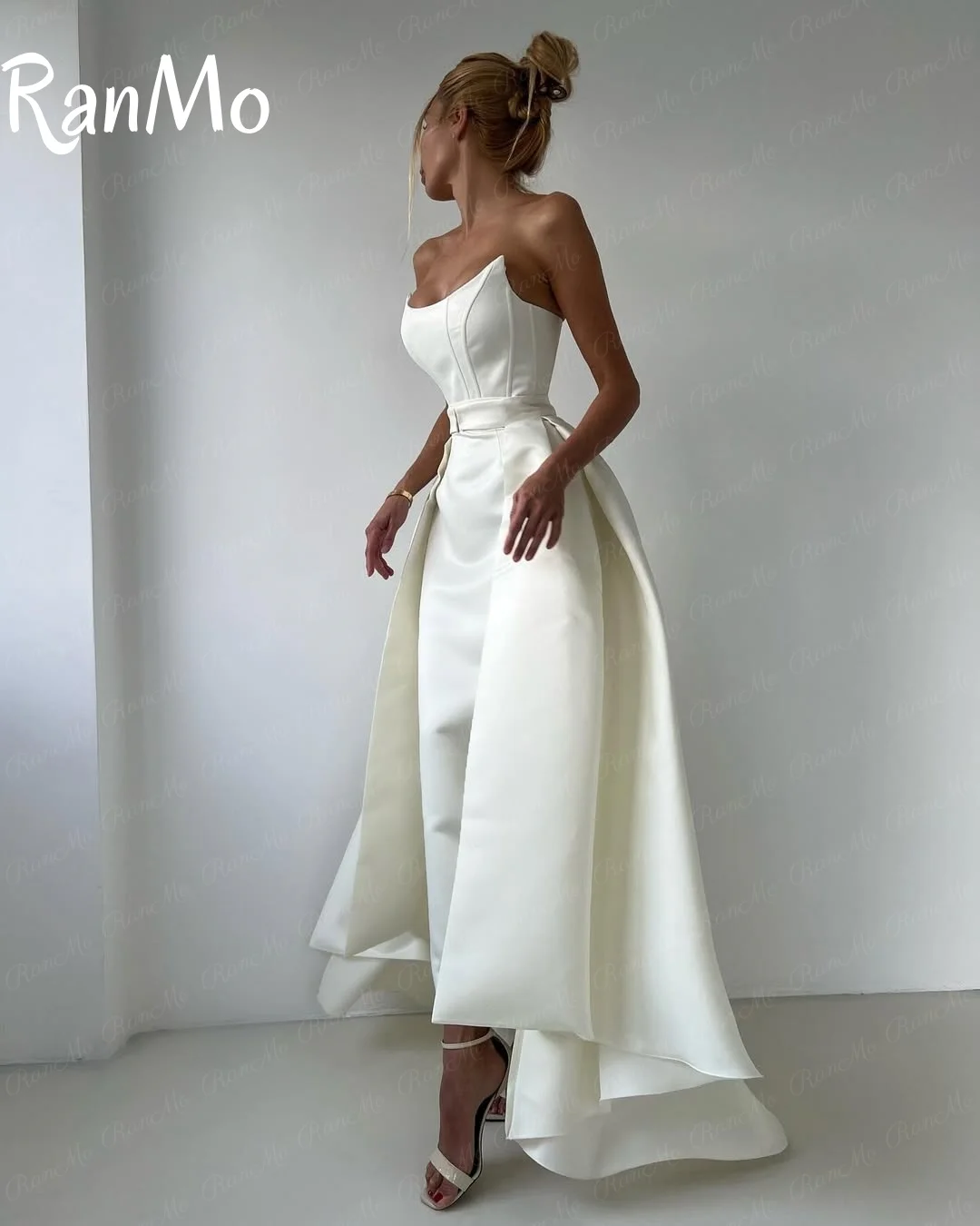 Ranmo 2025 ใหม่Elegantสีขาวคราบชุดราตรีหางที่ถอดออกได้แขนกุดคอซาอุดีอาระเบียชุดราตรีที่กําหนดเอง