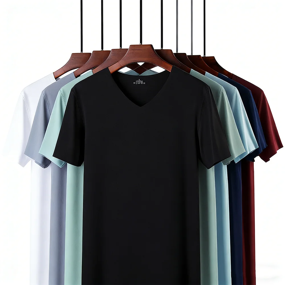 M-5XL Herren Eisseide T-Shirt V-Ausschnitt Schnelltrocknend Nahtlos Kurzarm-Shirt Sommer Herren Casual Dünnes Einfarbiges Unterhemd