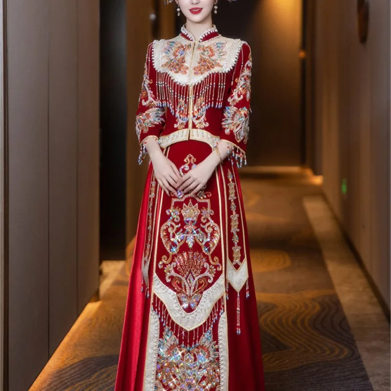 فستان زفاف على الطراز الصيني الجديد للزوجين من المخمل الثقيل #2