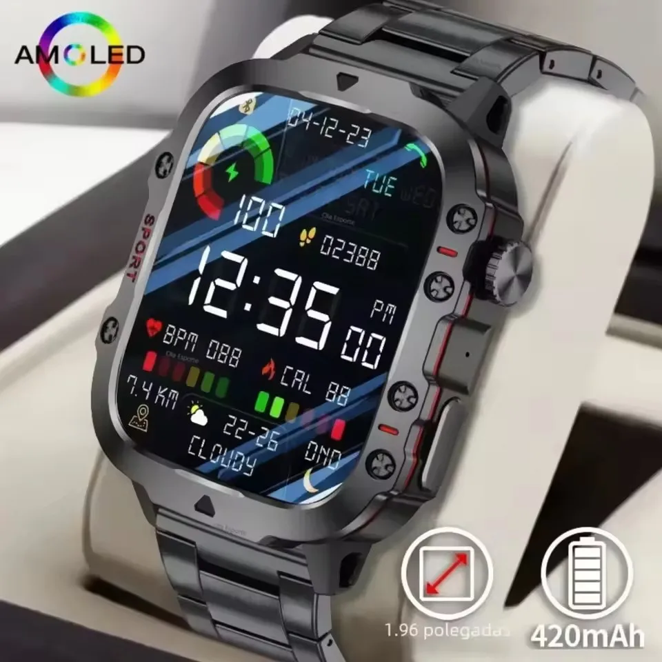 2025 Rugged Military Smart Watch Men's Watch 2.01Inch HD Touch Screen Voice Bluetooth Call LED Flashlight Outdoor Smartwatch Man