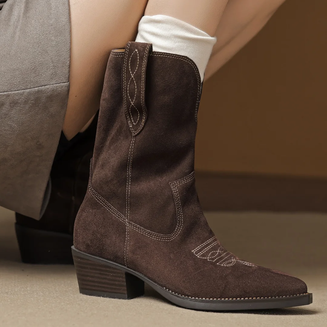 

Women's natural suede leather embroidery round toe slip-on autumn ankle western boots 5cm thick med heel casual short boots sale