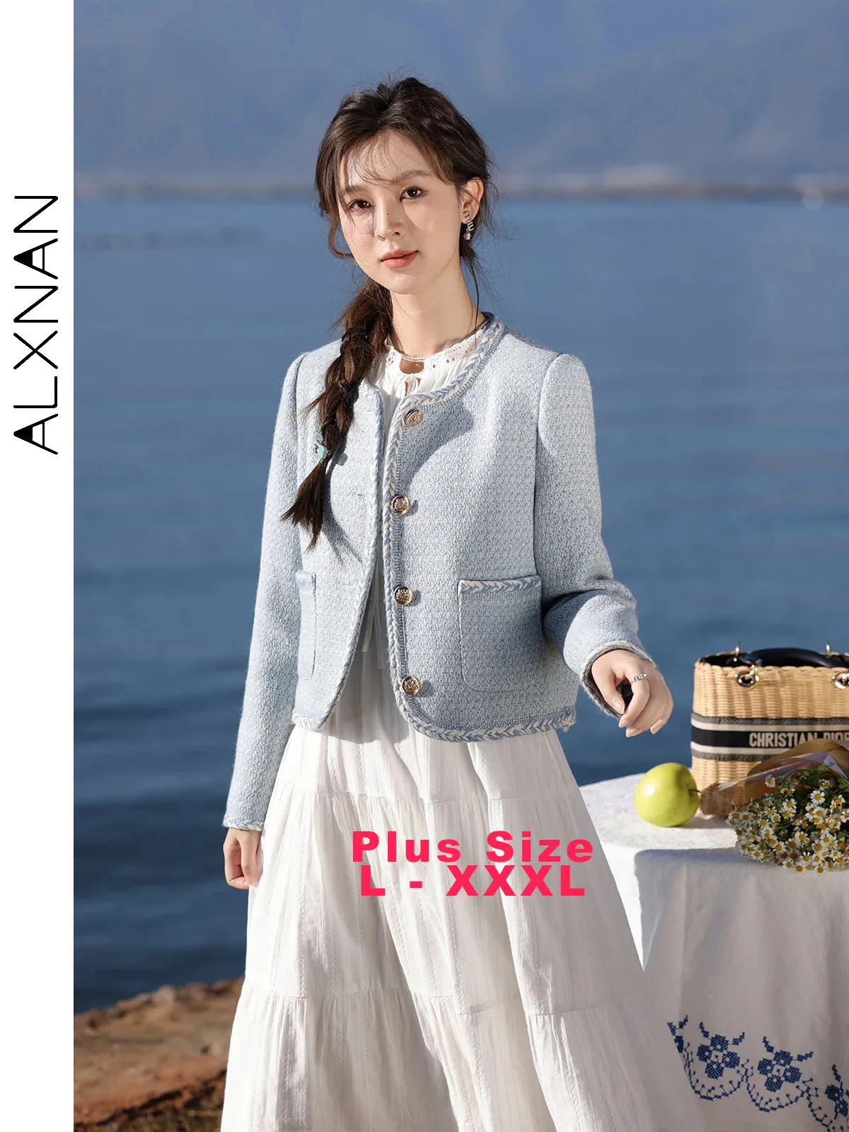 ALXNAN Plus Size Light Blue Women's Jackets 2026 Autumn Tweed O-neck Contrast Color Braided Strap Coat Winter Female Tops D01710