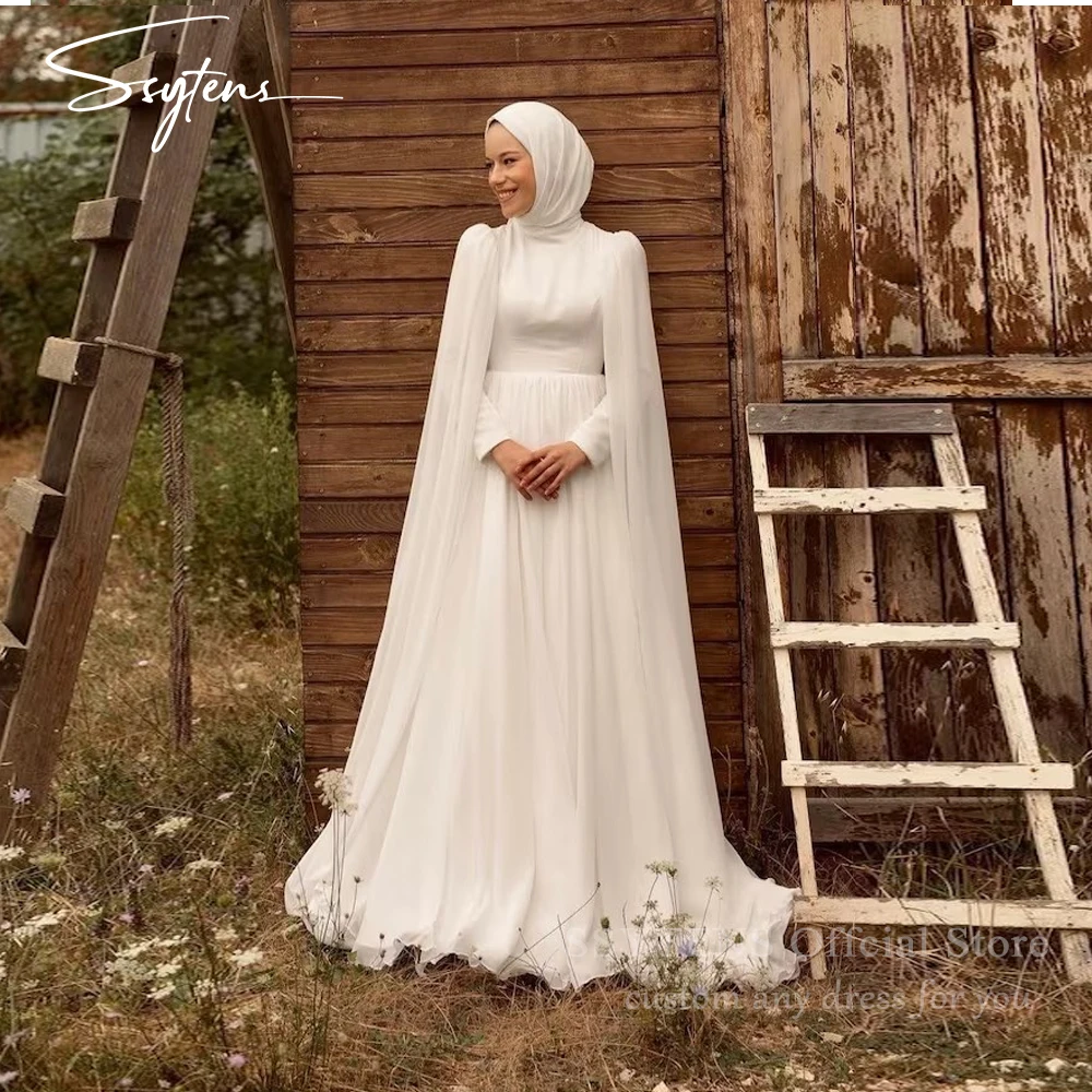 SSYTENS Vintage Muslim Wedding Dress Long Sleeves Soft Chiffon Bridal Gowns Floor Length Hijab Formal Occasion Bride Dresses