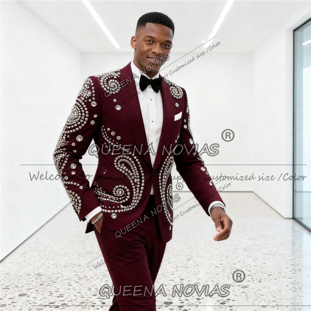 بدلة فاخرة مطرزة بالكريستال الفضي للرجال لحفلات الزفاف مخصصة واحدة الصدر للحفلات الراقصة بدلة زفاف العريس زي أوم