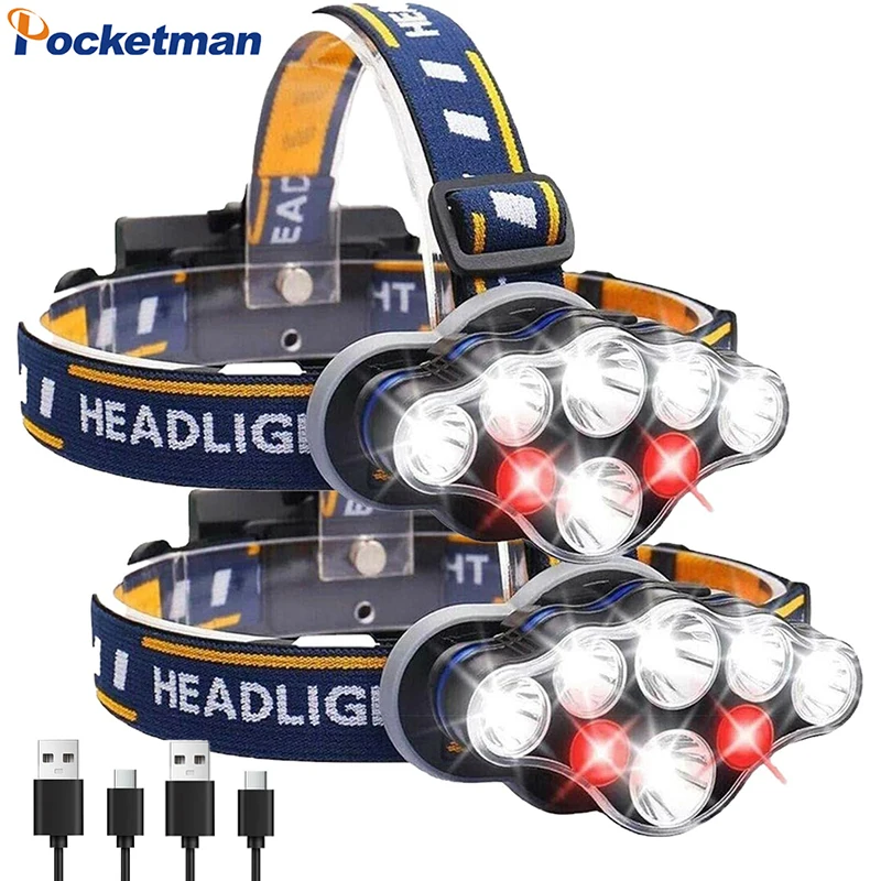 

1/2PCS 8led High Power Headlamp 8 Modes USB Rechargeable Headlight Outdoor Waterproof Head Lamp Night Warning Head Flashlight