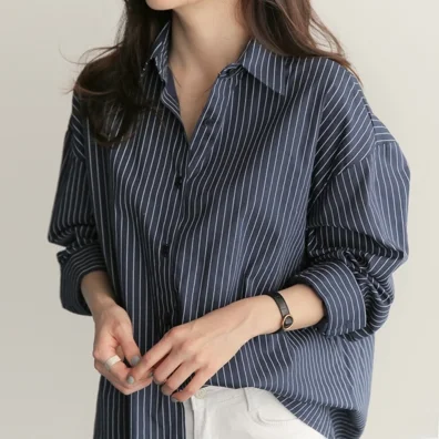 

Blue Vertical Stripes Loose Long Sve Women's Base irt Versatile Casual Sle Commute Faion Button up irt