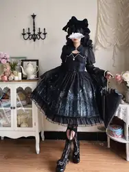 Lolita Costume Women Party Dress Pattern Skirt Court Style Female Black Long-Sleeved Exquisite Daily Elegant Dress