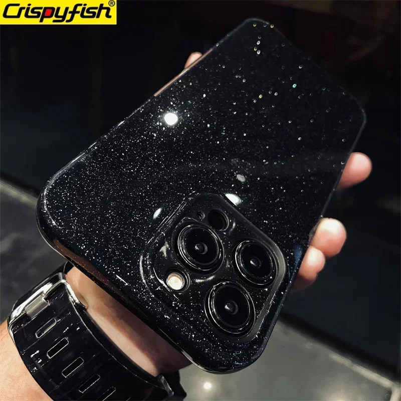 Orijinal Lüks Siyah Glitter Kılıf iPhone 16 Pro 15 11 12 13 14 Pro Max XR XS SE 7 8 Artı Yumuşak TPU Darbeye Dayanıklı Silikon Kapak