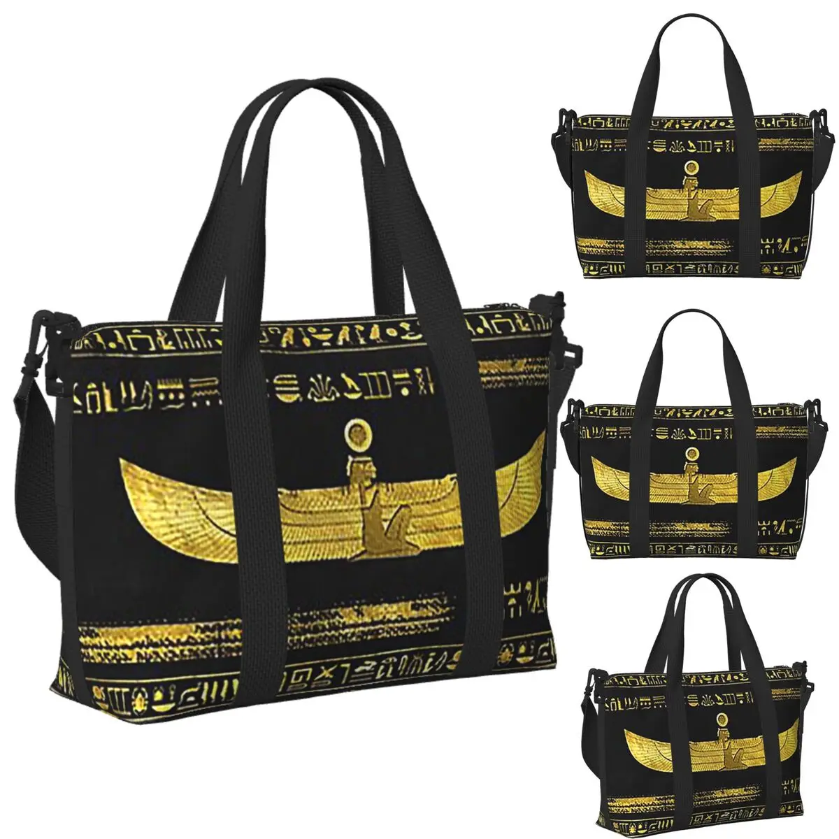 

Custom Golden Egyptian God Ornament On Black Leather Beach Travel Bag Tote Bags for Gym Sport Women Shopping Duffle Shoulder Bag