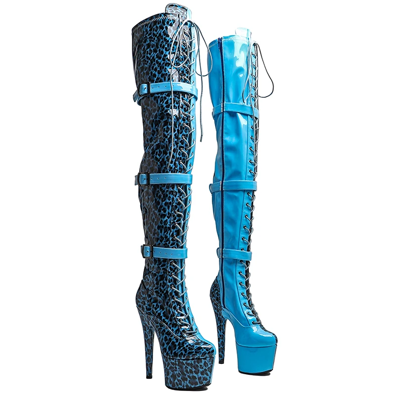 

Leecabe/17 см/7 дюймов с леопардовым принтом и блестящими модными трендовыми модными ботинками из искусственной кожи на высоком каблуке и платформе для стриптиза на пилоне