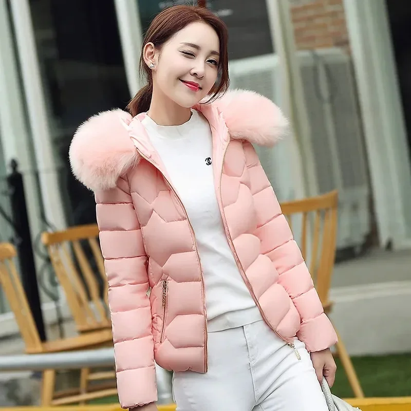 Autumn Winter Women\'s Cotton Jacket Short Section Large Fur Collar Hooded Warm Cotton Clothing Cotton Coat Ladies Cropped Coat