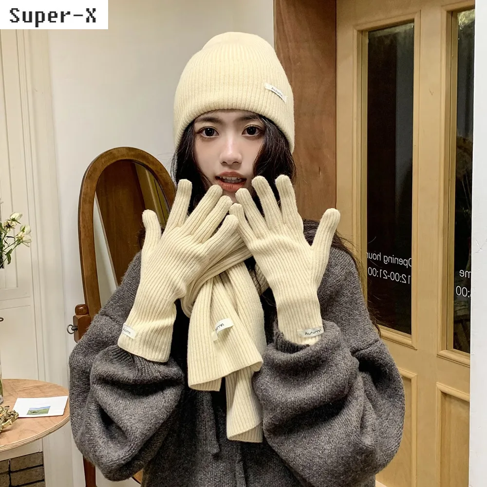 Simple 3pcs Winter Hat Set Long Scarves Gloves Set for Women and Girl Teens Solid Color Knit Beanies Set Bonnets Cute Winter Set