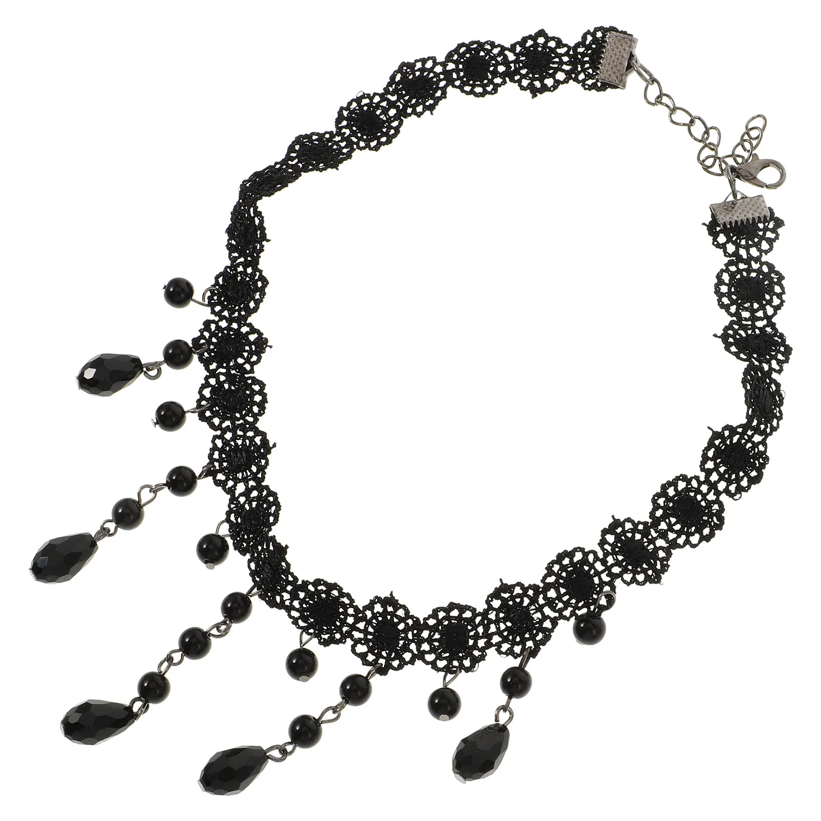 

Retro Beaded Chain Necklace Vintage Tassel Pendant Black Lace Choker Elegant Gift Matching Clothes Durable Alloy Long Lasting