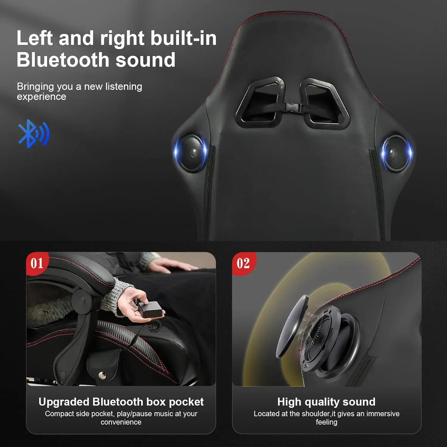 Computer chair with foot pedal and Bluetooth speaker, ergonomic gaming chair with high backrest, Red