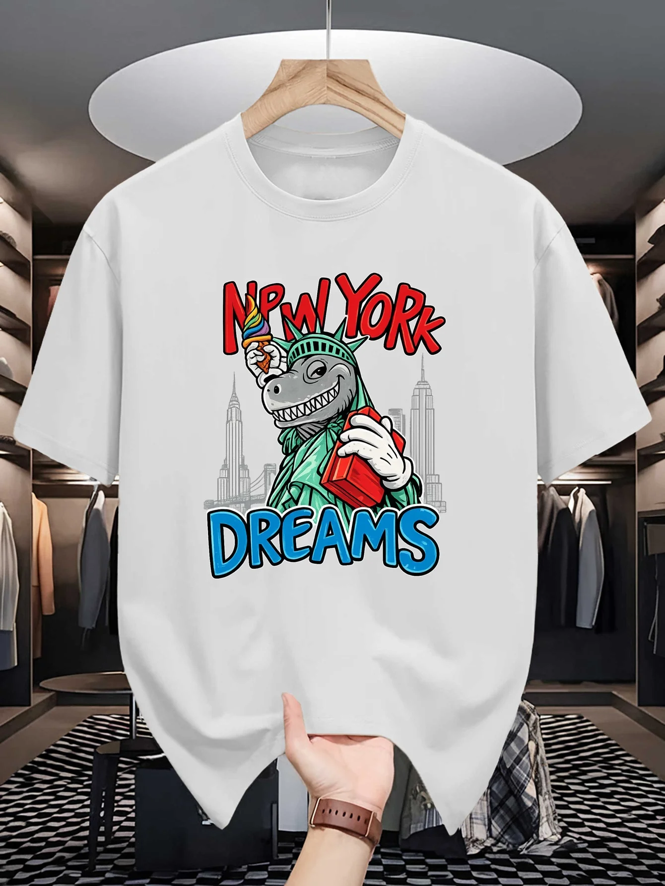 New York Dreams Mens Crew Neck T Shirt Dinosaur Statue Of Liberty City Skyline Cartoon Ice Cream Graphic Short Sleeve Casual Top