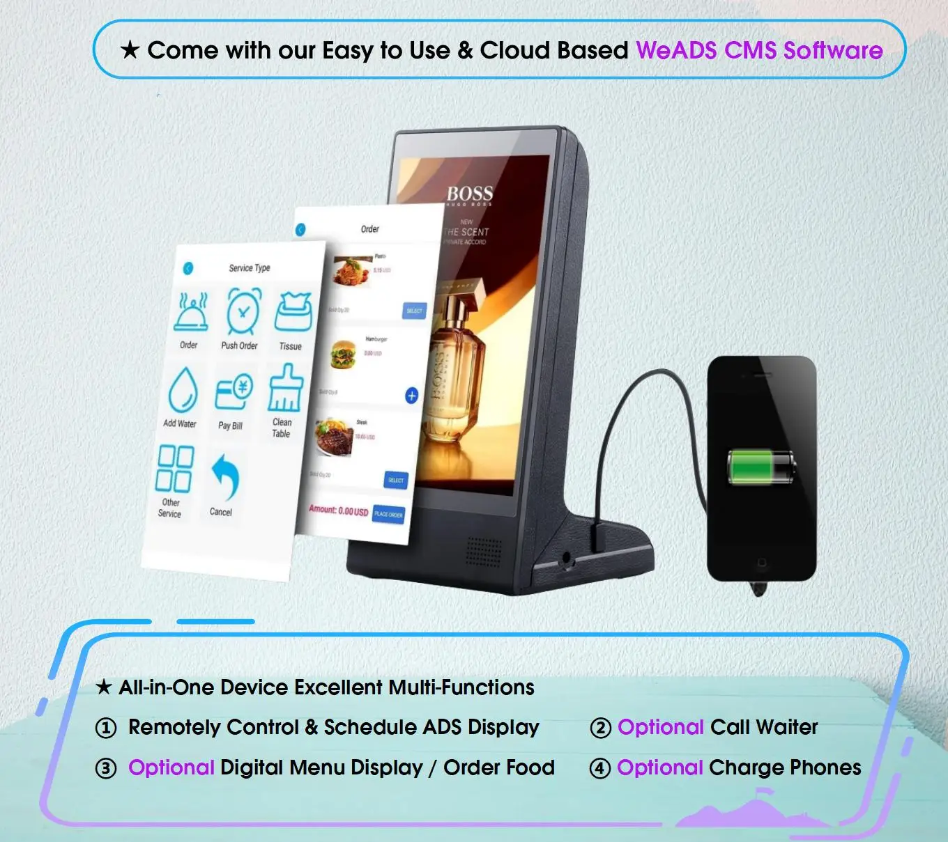 FYD-898 مطعم بار ذكي صغير LCD أندرويد واي فاي مراقب عن بعد CMS طاولة محمولة القائمة الرقمية عرض الإعلان