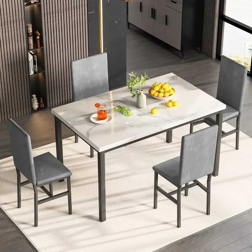 

Dining Table Set for 4, 5-Piece Marble Dinings Tables Sets with 4 Velvet Metal Frame Chairs for Kitchen, Dining Table Set