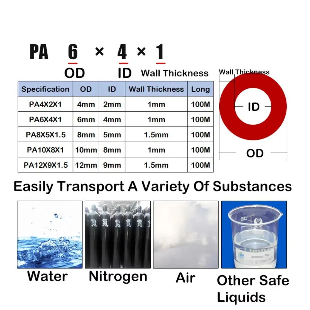 PA Nylon Tube 4 6 8 10 12mm Pneumatic Hose High Compressor Temperature Resistant High Pressure Hard Oil Pipe Wear-Resistant