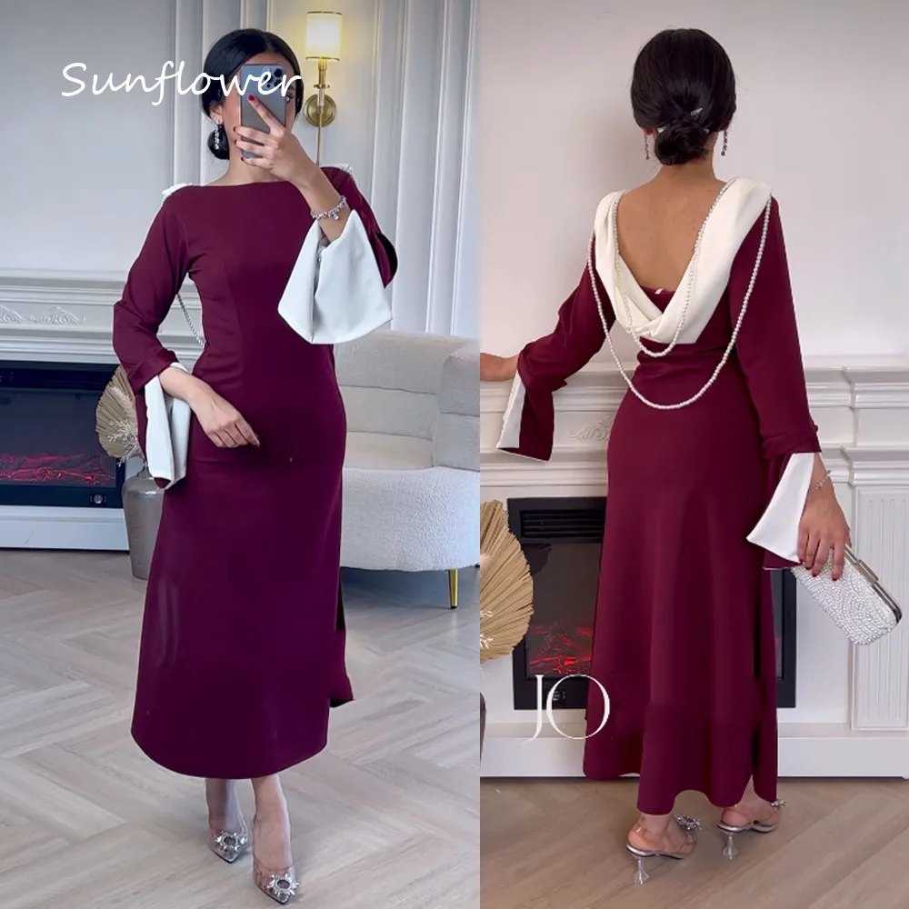 

Sunflower Wine Red Crepe O-Neck Mermaid 2024 Slim Backless Long Sleeve Ocassion Gown Floor-Length Formal Evening Dress