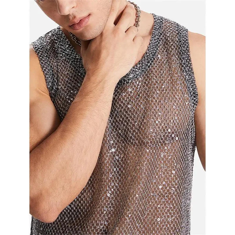 Men's Summer Glitter Hollow out Mesh T-Shirt Nightclub Heavy Work Standard Fit A-Line Narrow Shoulder Strap Vest Cotton 100%