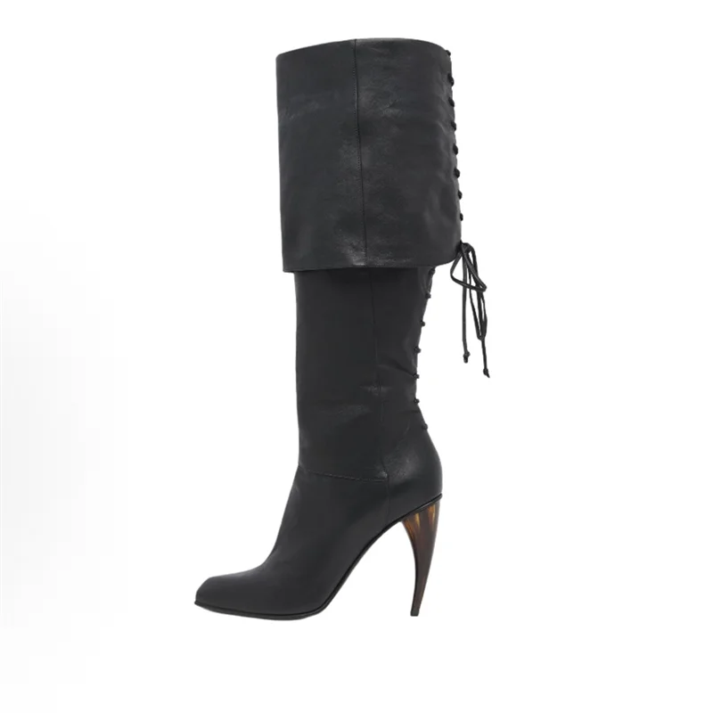 Autumn And Winter Women Fold Over Cuff Knee High RBoots Back Lace Up Tie Stiletto Heel Side Zipper Party Tall Heel Boots