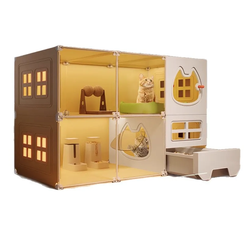 Cat Villa Cabinet, Large Space Indoor Cat House with Litter Box, 1 Room 1 Living 1 Bathroom, Multi-Functional Cat Condo