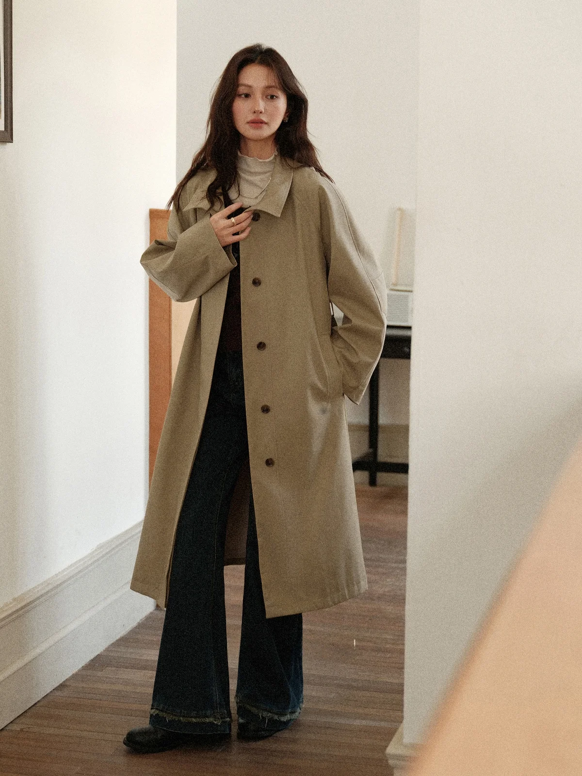 

Ele Khaki Women's Long Coat Loose Fit Autumn Winter Faion Outerwear Single Button Closure Classic Sle Windbreaker