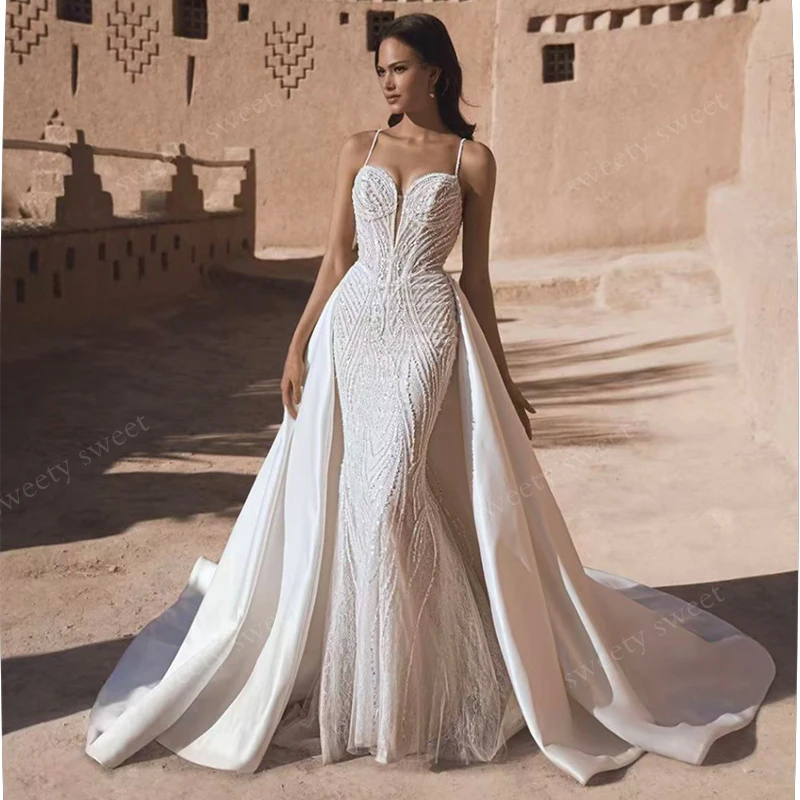

Shiny Chic Detachable Train Wedding Dress Fully Beaded Mermaid Sheath Ball Gown Sleeveless V-Neck Customized Bride Dress Zipper