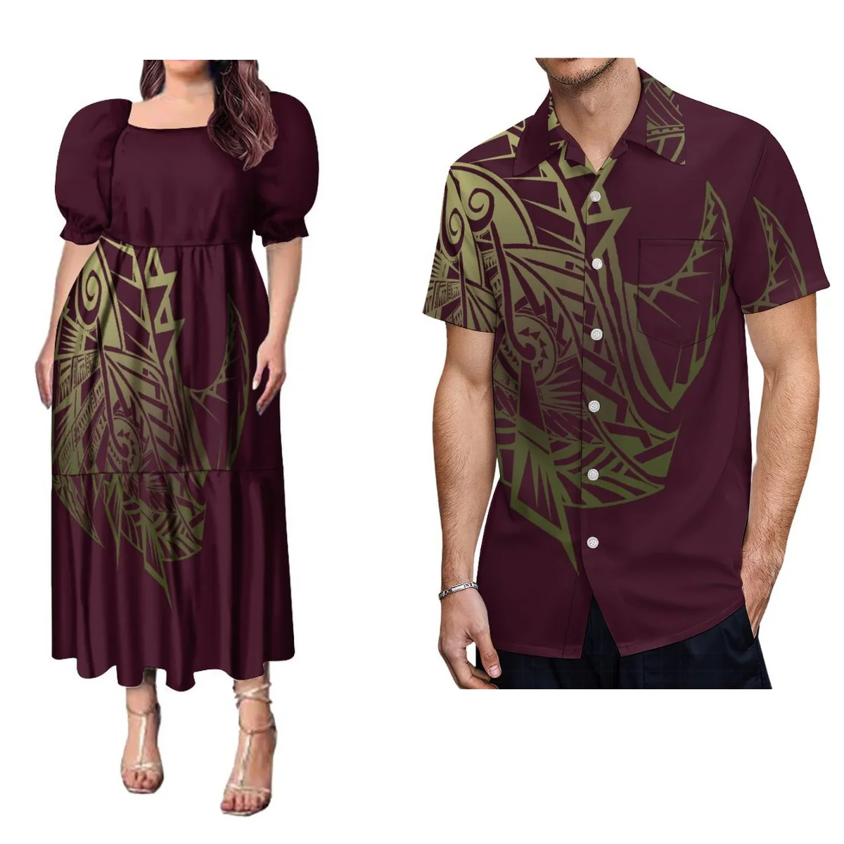 Polynesian Women'S Long Dress Custom Summer Short Sleeve Men'S Shirt Fiji Island Style Couple Set Party Dress 2024