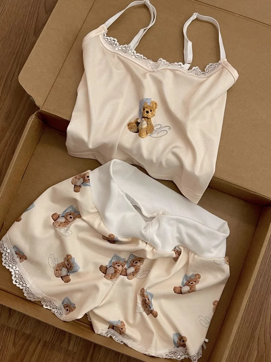 純粋な欲望のベアプリントシュミーズナイトガウンとショーツホーム服セット女性用セクシーなスリムフィット夏新着 1