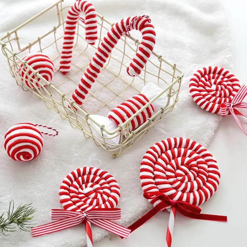 Plush Christmas Ball Red And White Candy Cane Christmas Party Photography Decoration Props