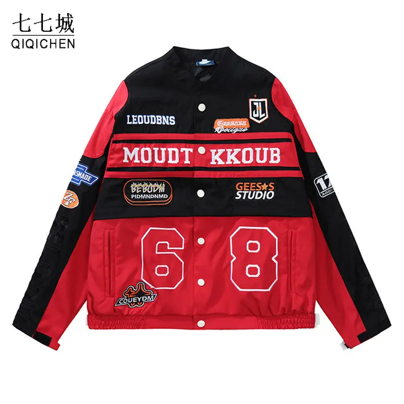 Hip Hop Streetwear Motorcycle Jacket Women Men Removable Detachable Two Wear Embroidered Jackets Spring Fall Oversized Outerwear