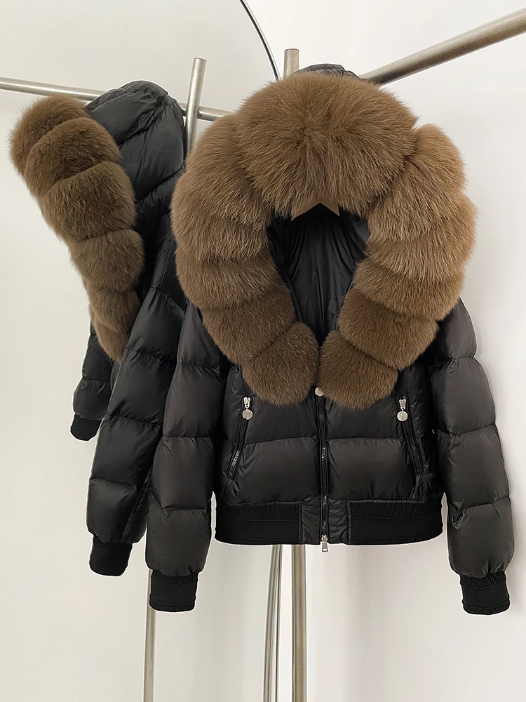 Femmes fourrure naturelle blanc canard vers le bas manteau à capuche épaissi chaud moelleux doudoune nouveau hiver réel fourrure de renard haut vêtements
