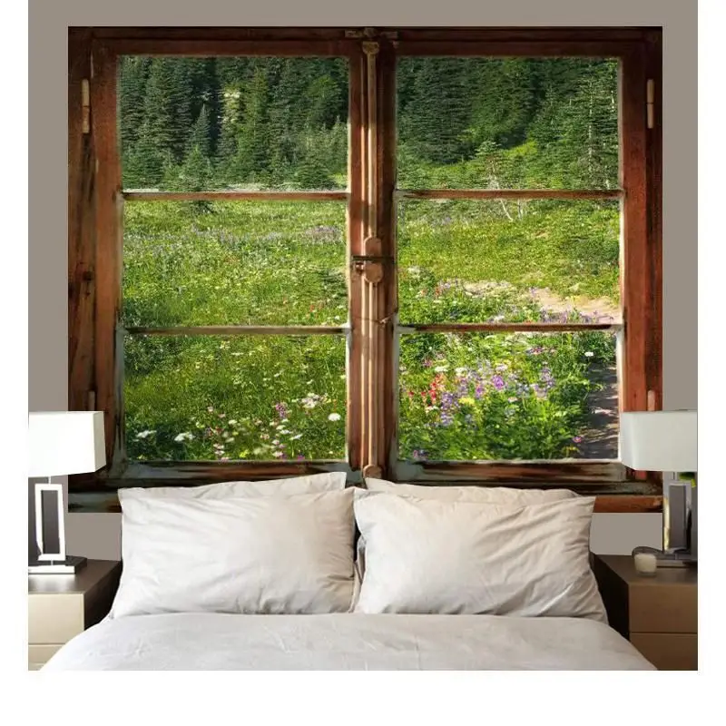 VIKAMA Fake Window Coastal Beach Tapestry Realistic Ocean Scenery Wall Hanging Bedroom Dorm Decor