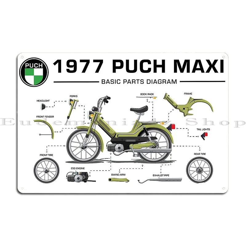 1977 Puch ماكسي الأجزاء الأساسية مخطط علامات معدنية جدار حانة جدارية اللوحة نادي مطبوعة تين تسجيل ملصق