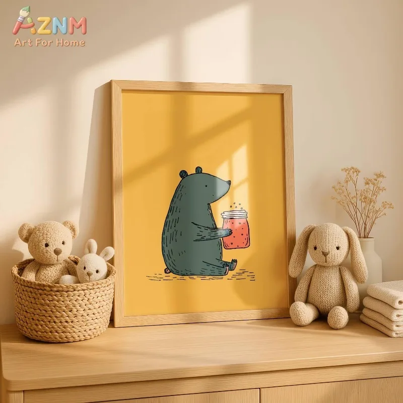 AZNM Cartoon Bear Honey Jar Canvas Wall Art Warm Yellow Background Cute Animal Print Unframed Canvas Boho Kids Baby Nursery Deco
