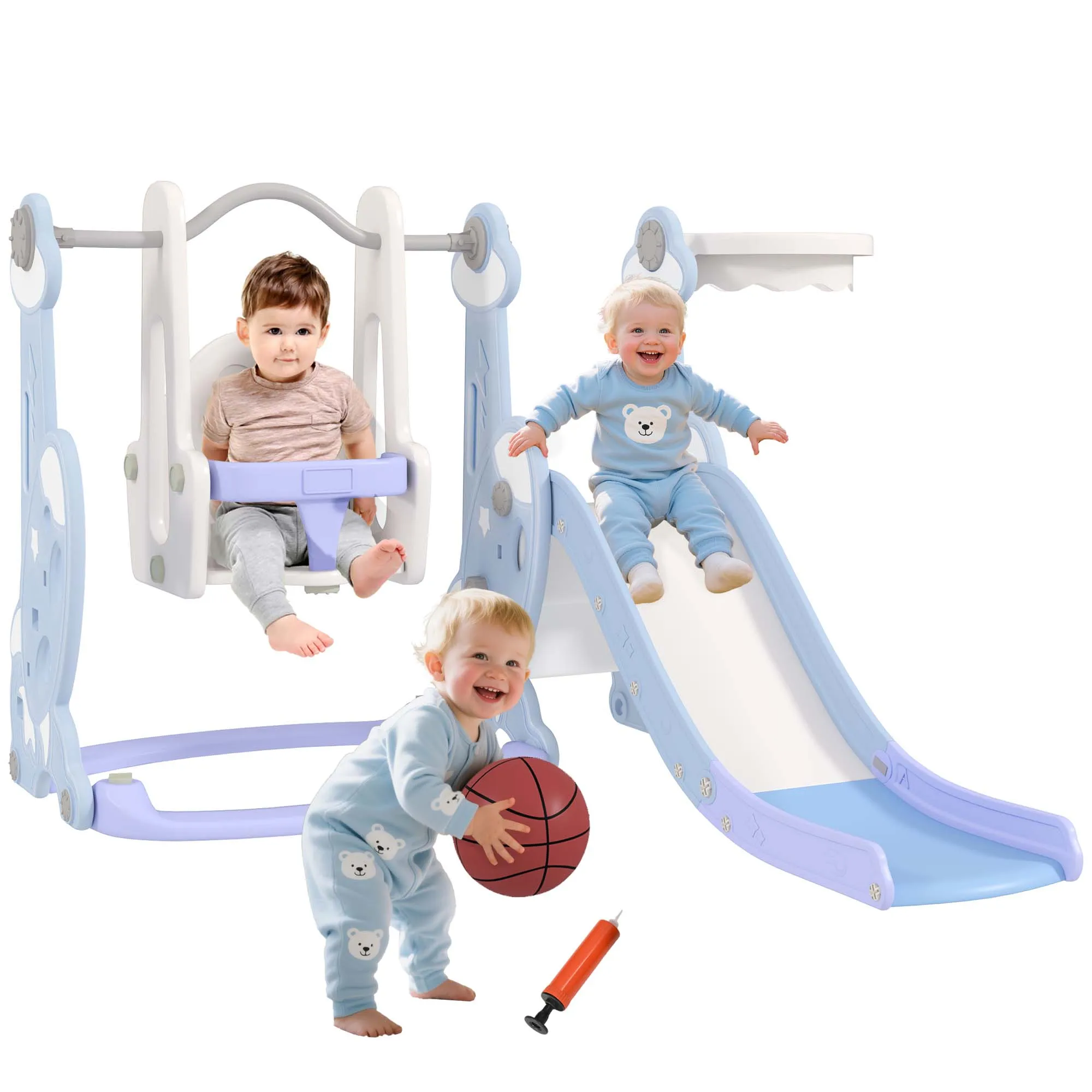 AIYAPLAY Toboggan et balançoire pour enfants 4 en 1, aire de jeux tout-petits avec panier de basket, toboggan, balançoire et éch