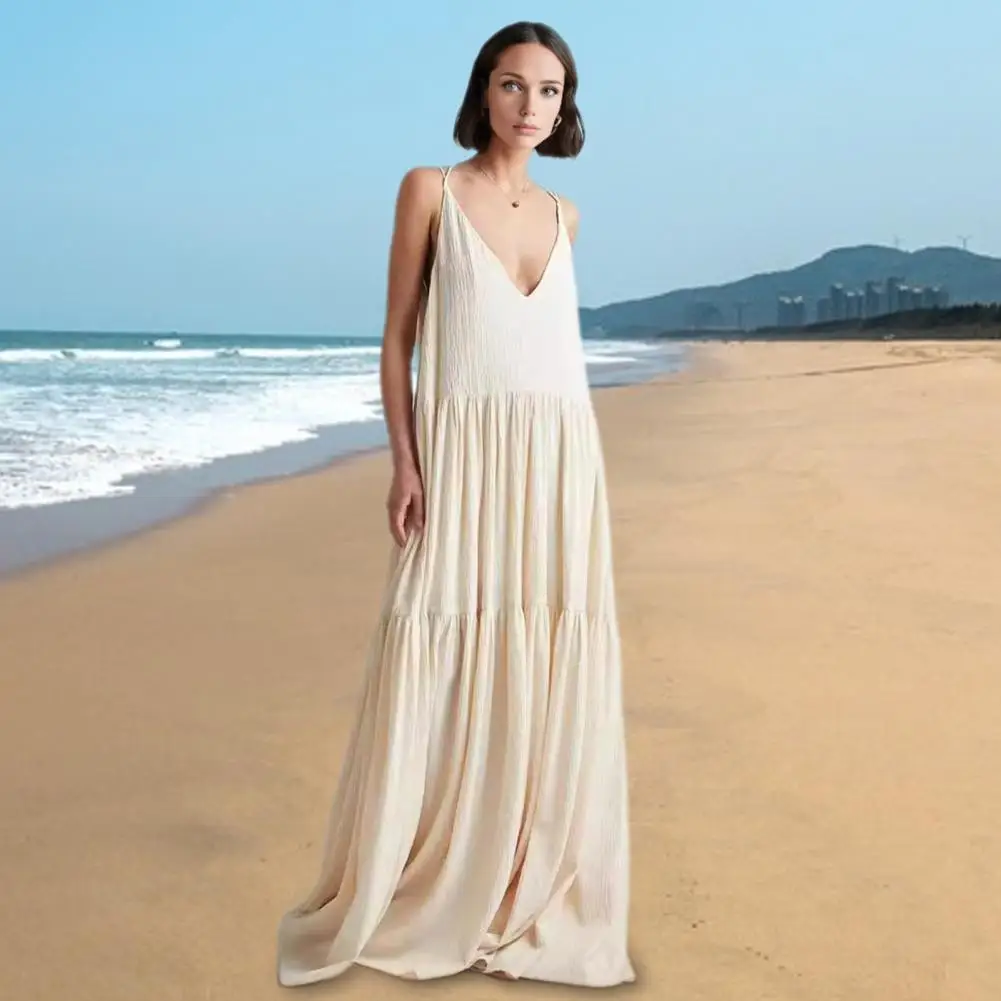 

Simple Style Dress Stylish V Neck Beach Dress for Women A-line Maxi Sundress with Patchwork Design Backless Detail for Vacation