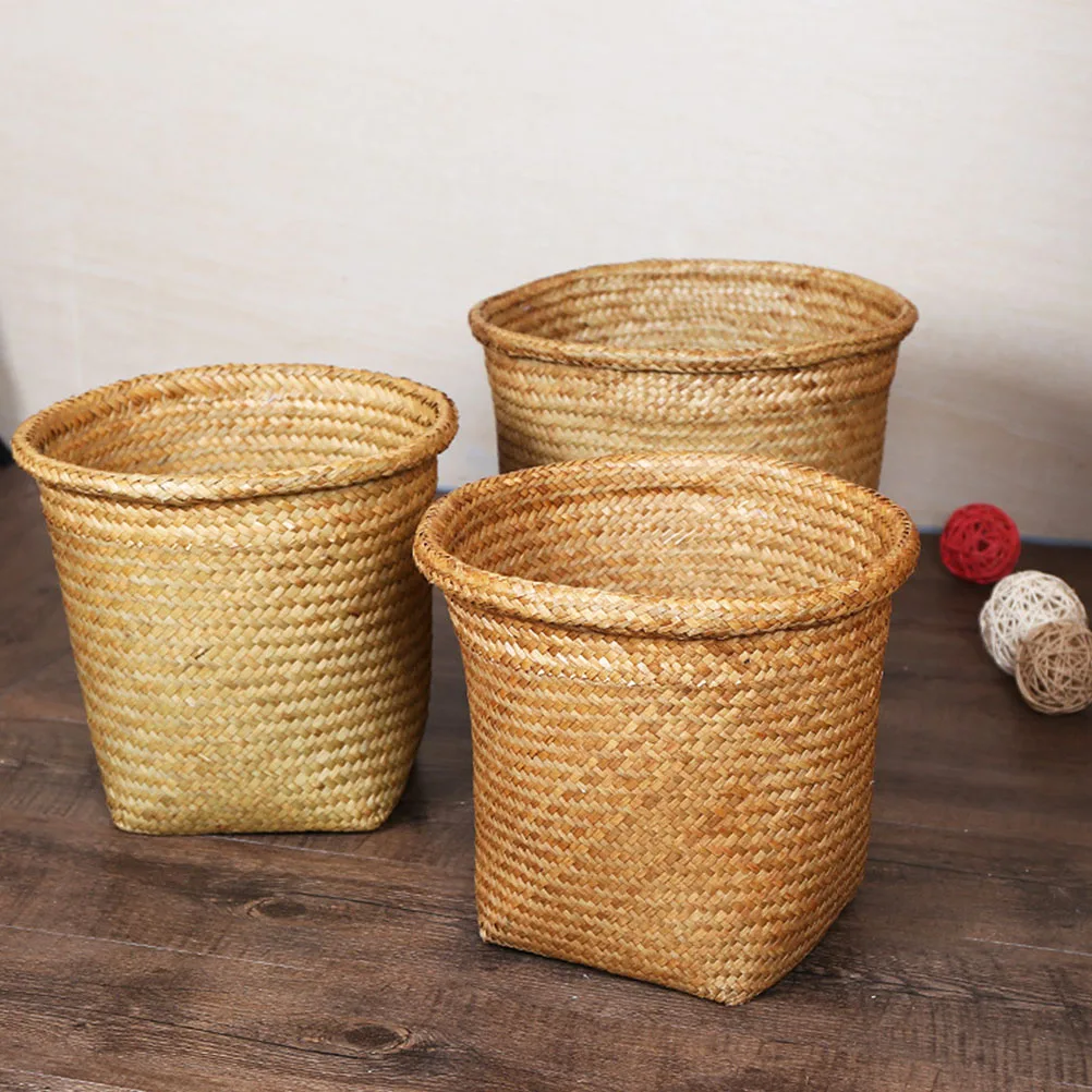 

2pcs Trash Can Baskets Storage Bins Straw Bathroom Kitchen Waste Basket Garbage Versatile Woven Bucket Container