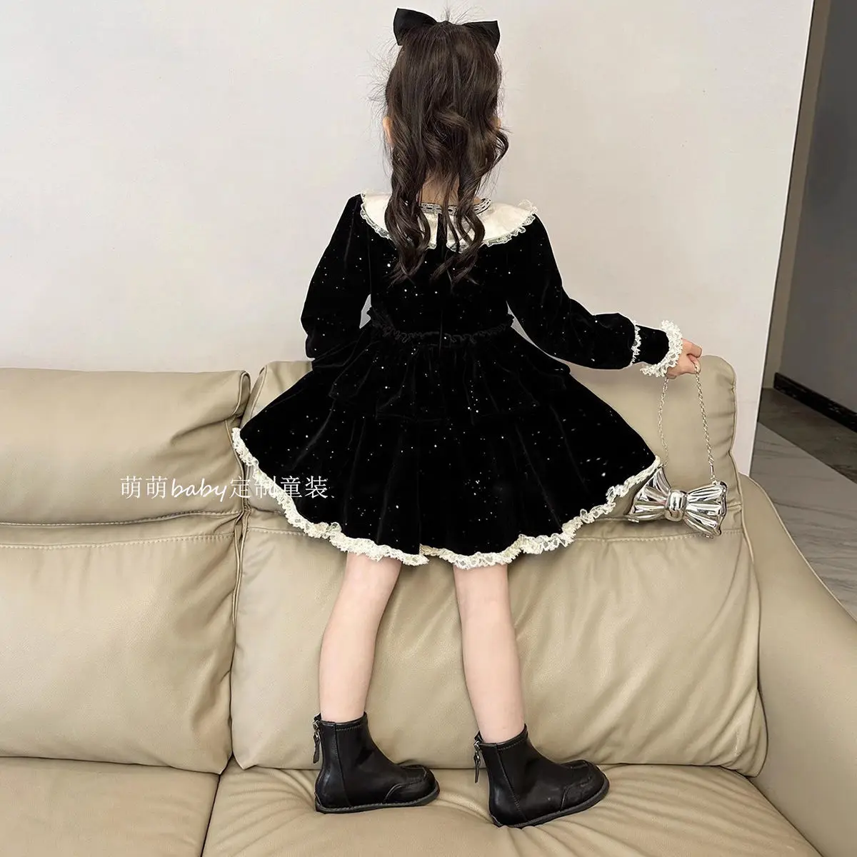 Korean Childrens Clothing 2024 Autumn and Winter New Black Bow Dress Thickened Sweet and Cute Princess Dress