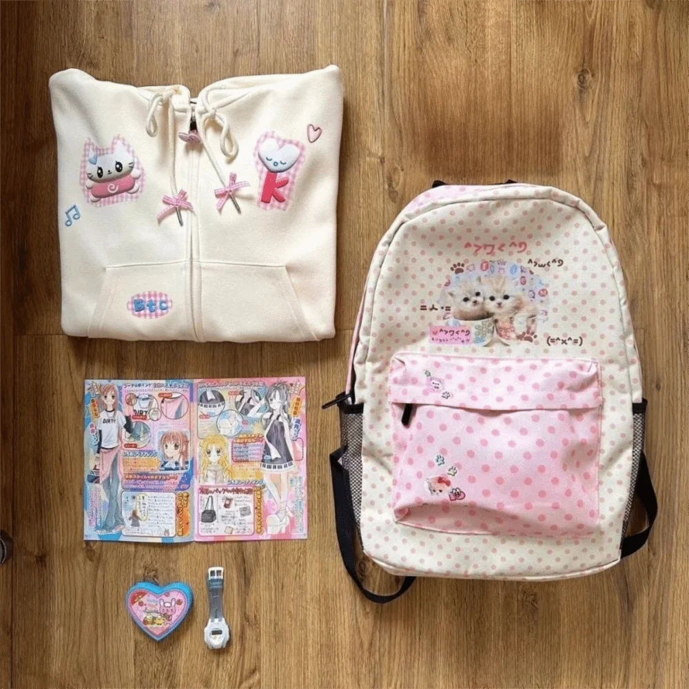 Kawaii Contrast Color Cat Dot Backpacks Patchwork High-capacity Preppy Schoolbags Shoulder Bag Students Girl Travel Book Bag