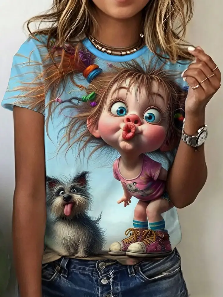 Summer Kawaii Cartoon Girl T-Shirts 3D Print Women Round Neck Short Sleeve T Shirt Harajuku Y2K Tops Casual Tees Female Clothing