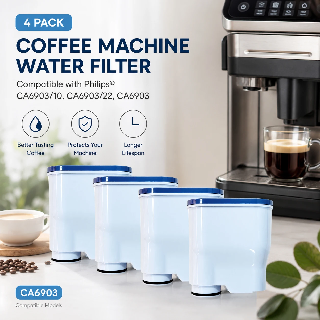 4pcs Coffee Machine Water Filter - Replacement for Philips Saeco AquaClean CA6903 Activated Carbon Coffee Filter