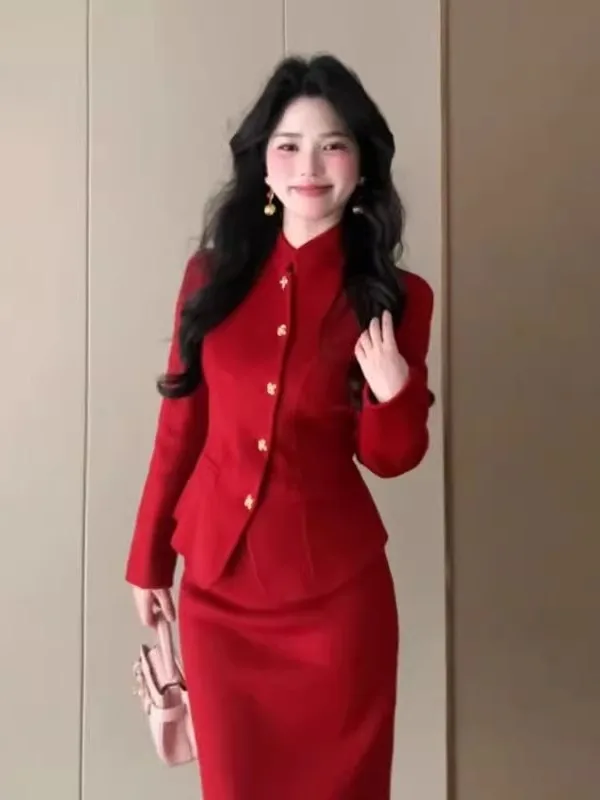 

Fashionable Red Outerwear And Halter Skirt Two-Piece Set Elegant Bodycon Spring Look Comfortable Cotton Slim Fit