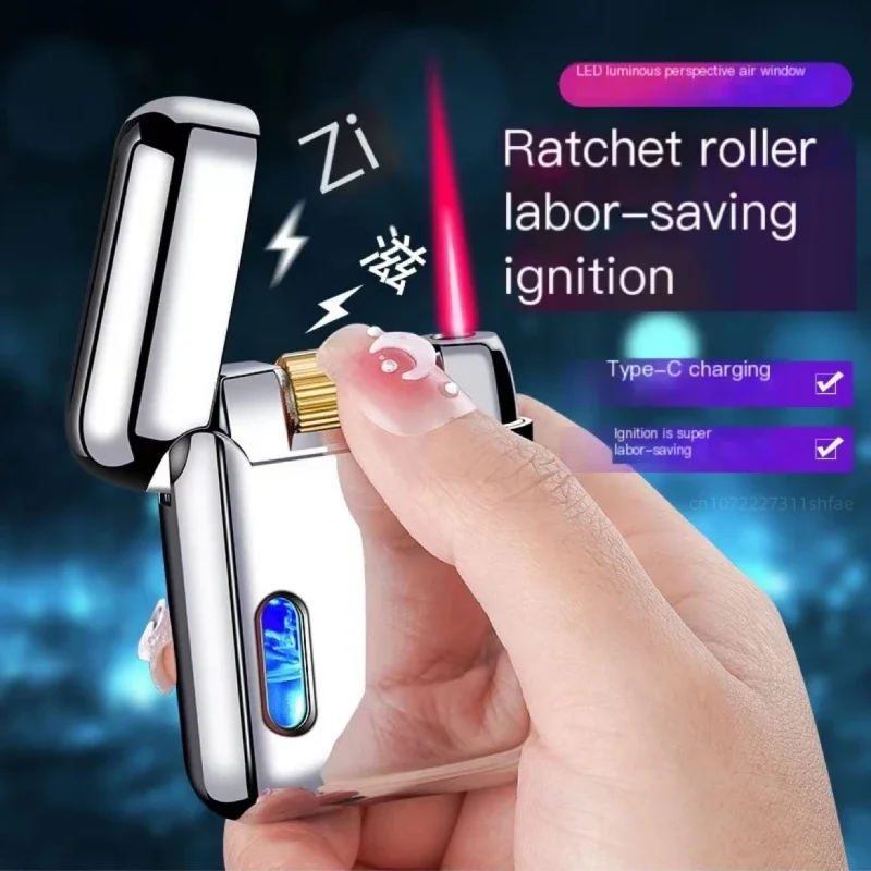 Metal Zinc Alloy Windproof Jet Red Flame Butane Gas Lighter LED Emitting Visible Gas Window Roller Ignition USB Electric Lighter