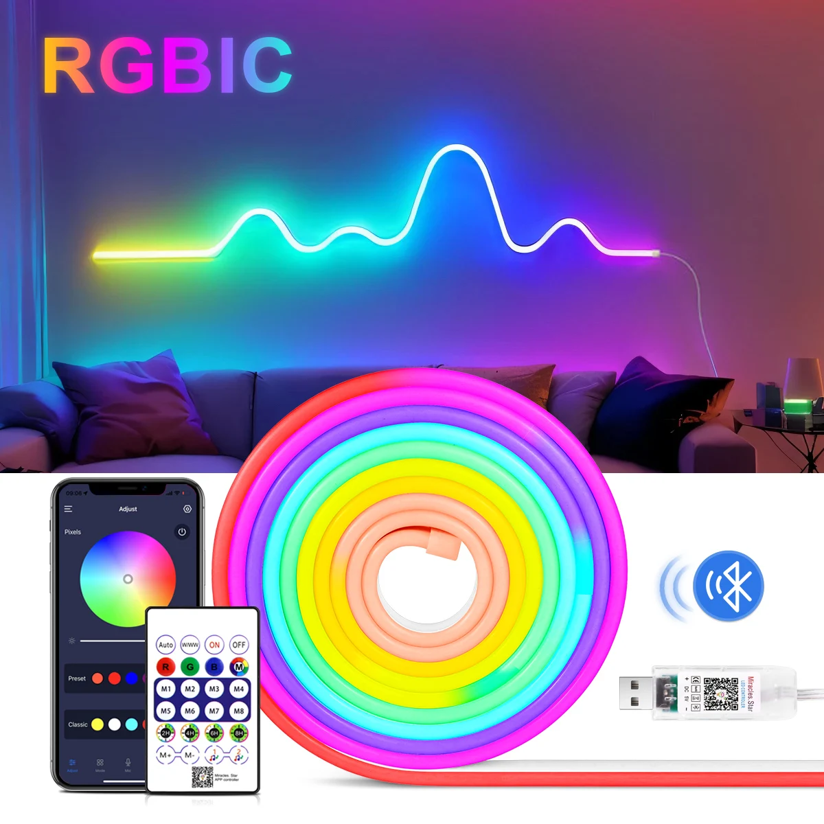 Miękkie, elastyczne, kolorowe, Bluetooth RGBIC LED Neon Rope Lights DC5V USB LED Strip Light 5M WS2812 Wodoodporna taśma Fairy Light