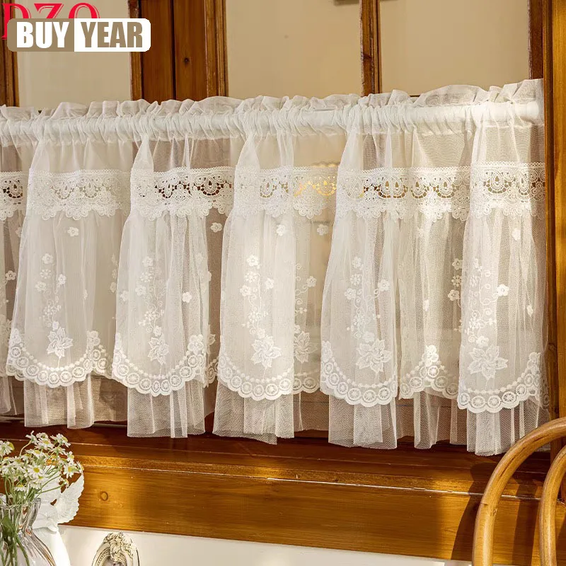 

French White Lace Sheer Tulle Short Curtains Living Room Hollow Flowers Embroidery Half Curtains For Kitchen #A597