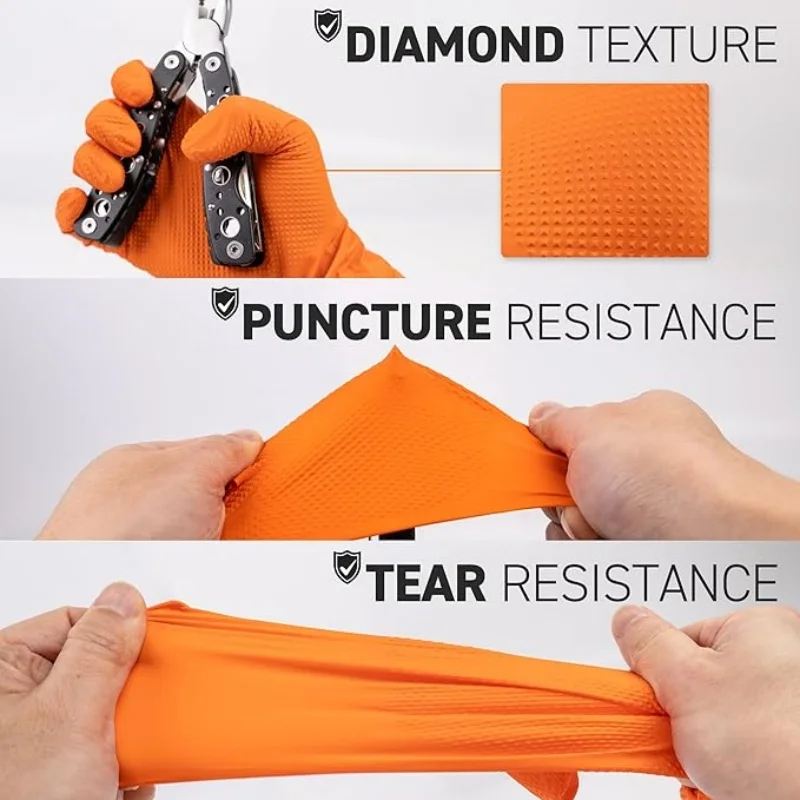 8Mil Heavy Duty Orange Nitrile Disposable Gloves Industrial Raised Diamond Texture Gloves Safety Work Mechanic Gloves Latex Fre