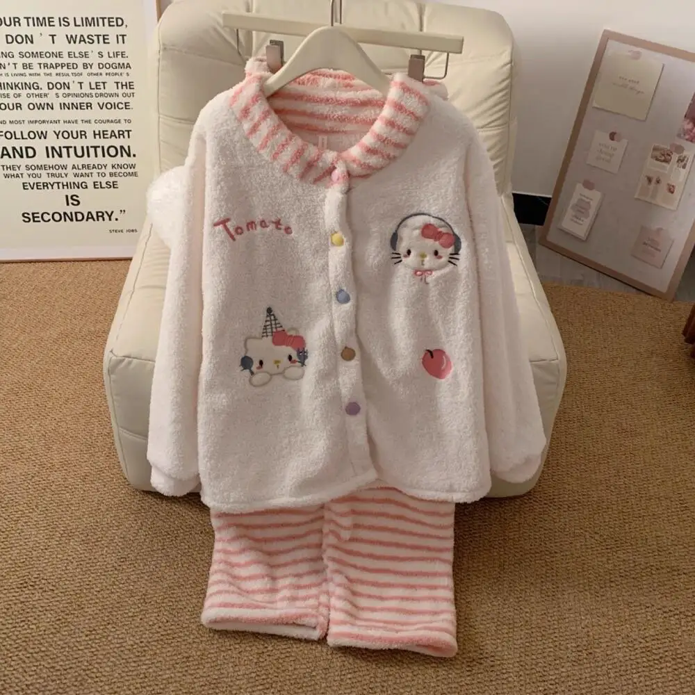 حار النسخة الكورية الفتيات مرحبا كيتي منامة مجموعة الشتاء الكرتون KT أفخم أعلى سروال مخطط سترة دافئة المرجان الصوف Homewear #2