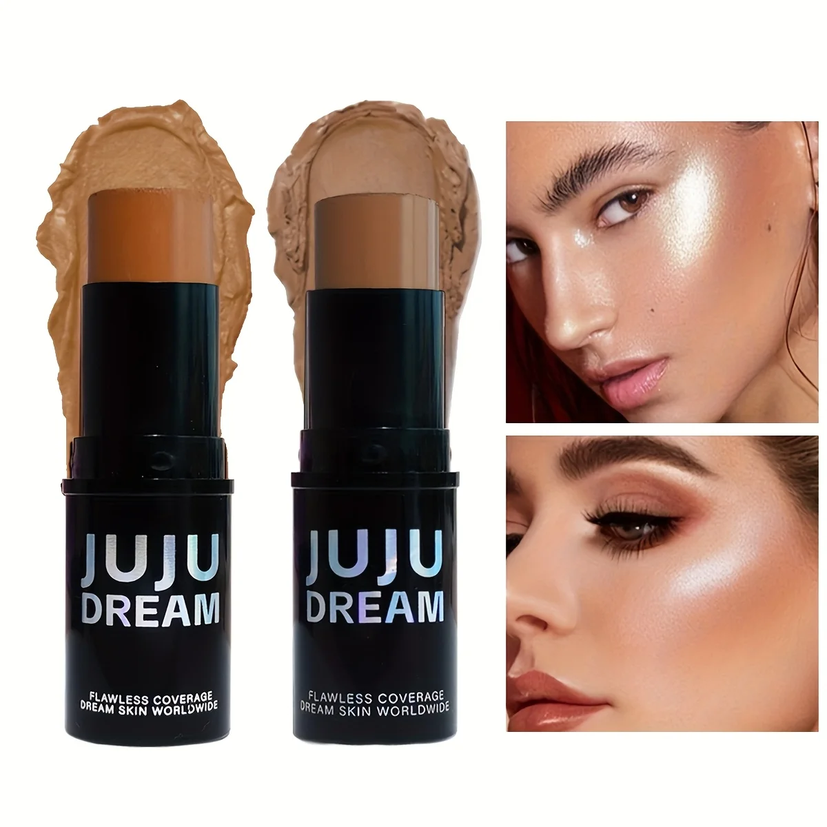 コンター＆コンシーラースティック - クリーミーなウォータープルーフフェイスブロンザー＆ハイライター、べたつかない長持ちする重ね塗り可能なカバー力